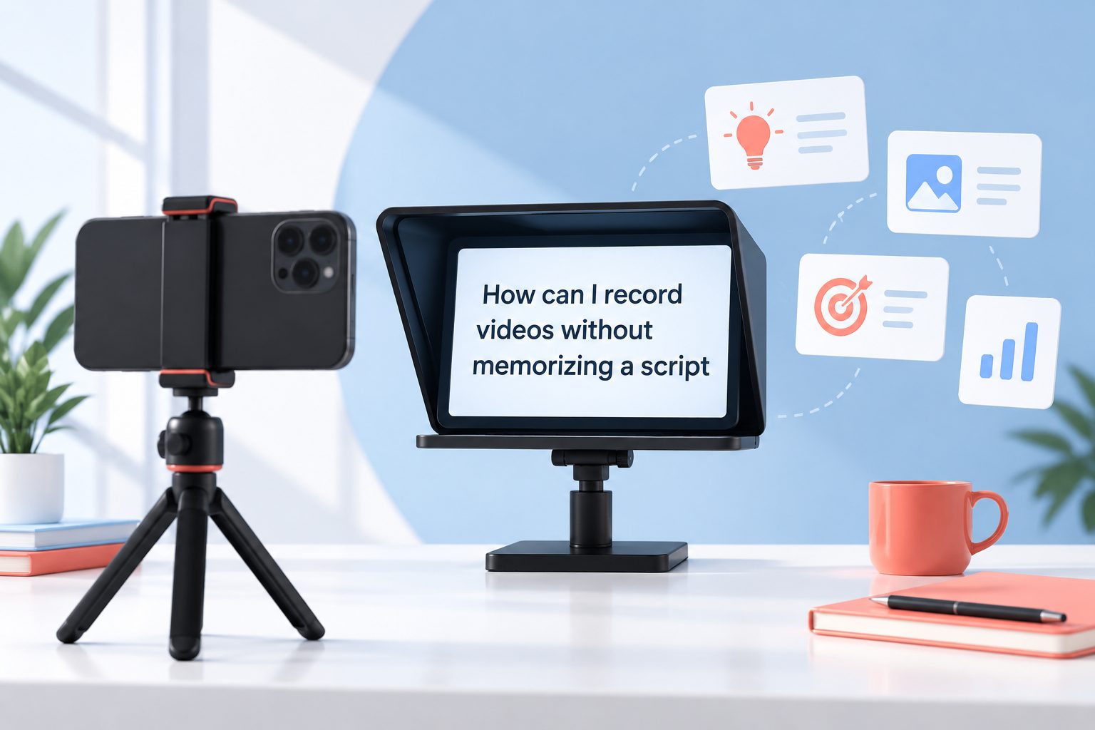 how-can-i-record-videos-without-memorizing-a-script-e2820 Person recording a video while reading notes from a screen beside the camera.